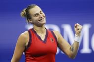 Aryna Sabalenka reacts during her quarterfinal match at the 2021 US Open
